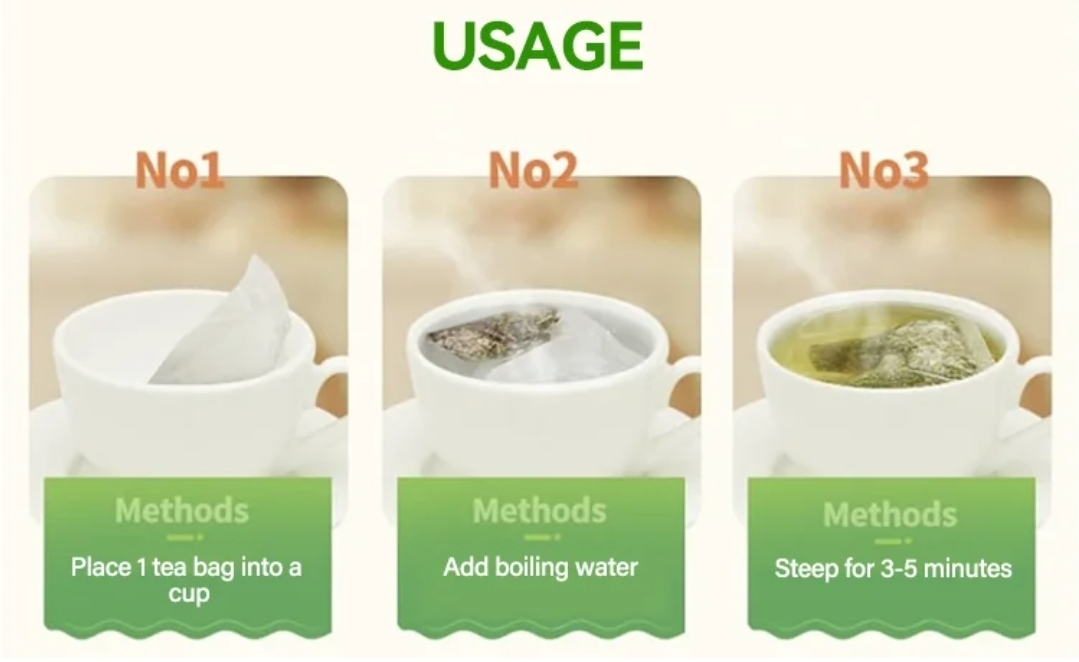 Three preparation steps: place 1 tea bag into a cup, add boiling water and steep for 3–5 minutes