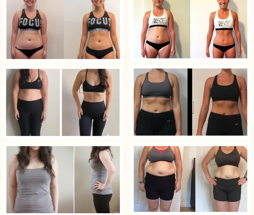Supplier-provided collage of six before-and-after body comparisons