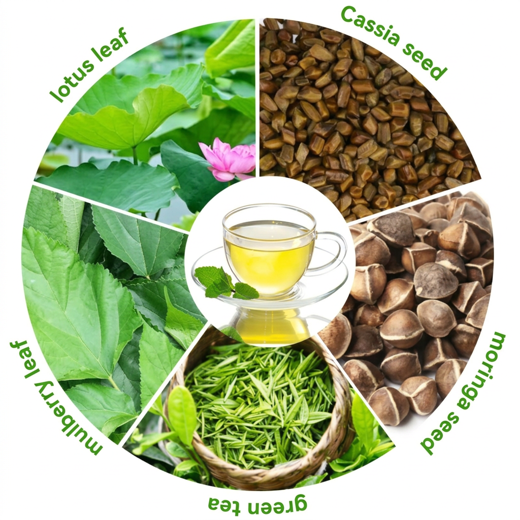 Supplier ingredient illustration showing lotus leaf, cassia seed, moringa seed, mulberry leaf and green tea around a cup